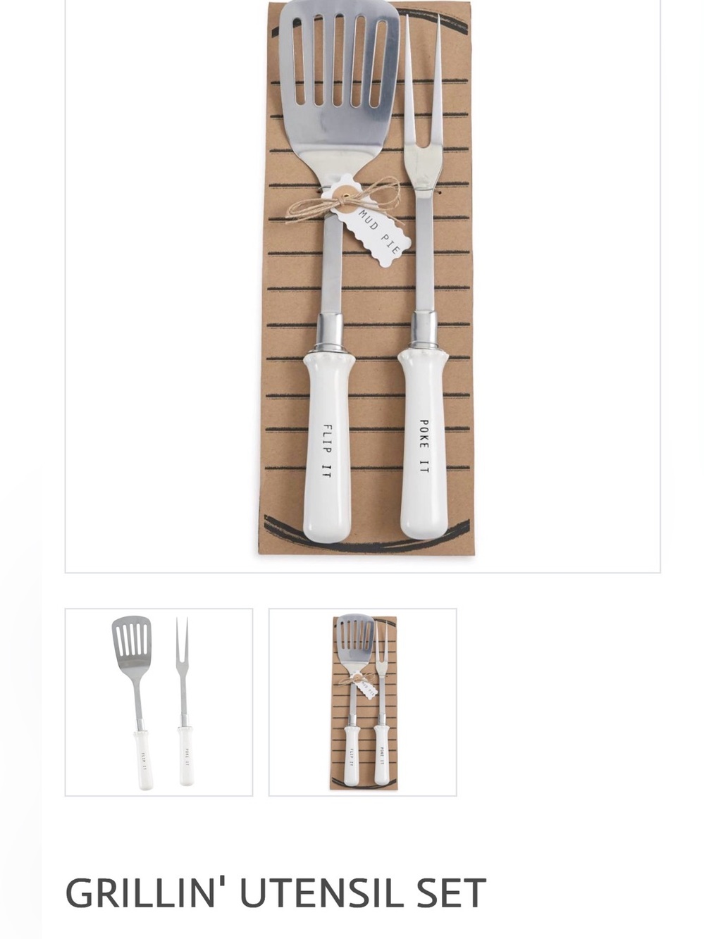 NWT Mud Pie White Ceramic Handle Grilling Spatula & Fork Set $34